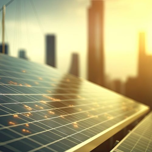 Panneaux solaires avec un soleil couchant